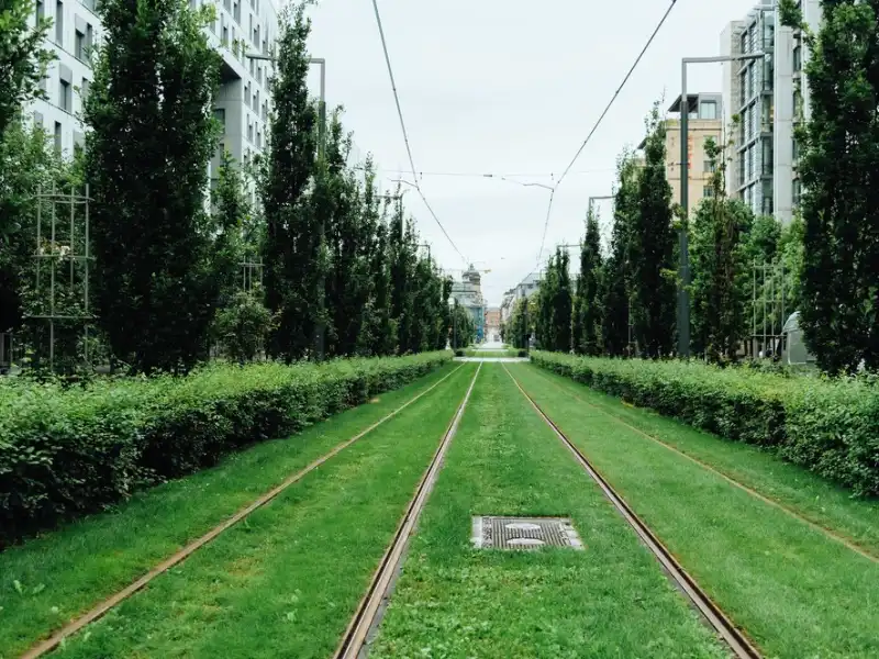 Vista de um espaço urbano com trilhos de trem rodeados por grama e árvores, destacando a combinação da natureza com a arquitetura moderna.