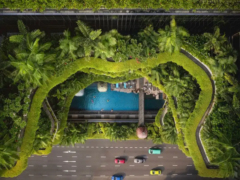 Vista aérea de uma piscina rodeada por vegetação exuberante, destacando a harmonia entre natureza e arquitetura moderna. Ideal para relaxamento e lazer.