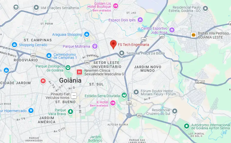 Mapa de Goiânia destacando a localização da FS Tech Engenharia, importante referência no setor de engenharia na cidade.