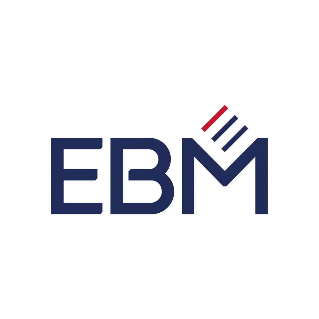 Logotipo da EBM, empresa especializada em soluções de gestão e tecnologia, com design moderno e profissional em cores azul e detalhes em vermelho e branco.