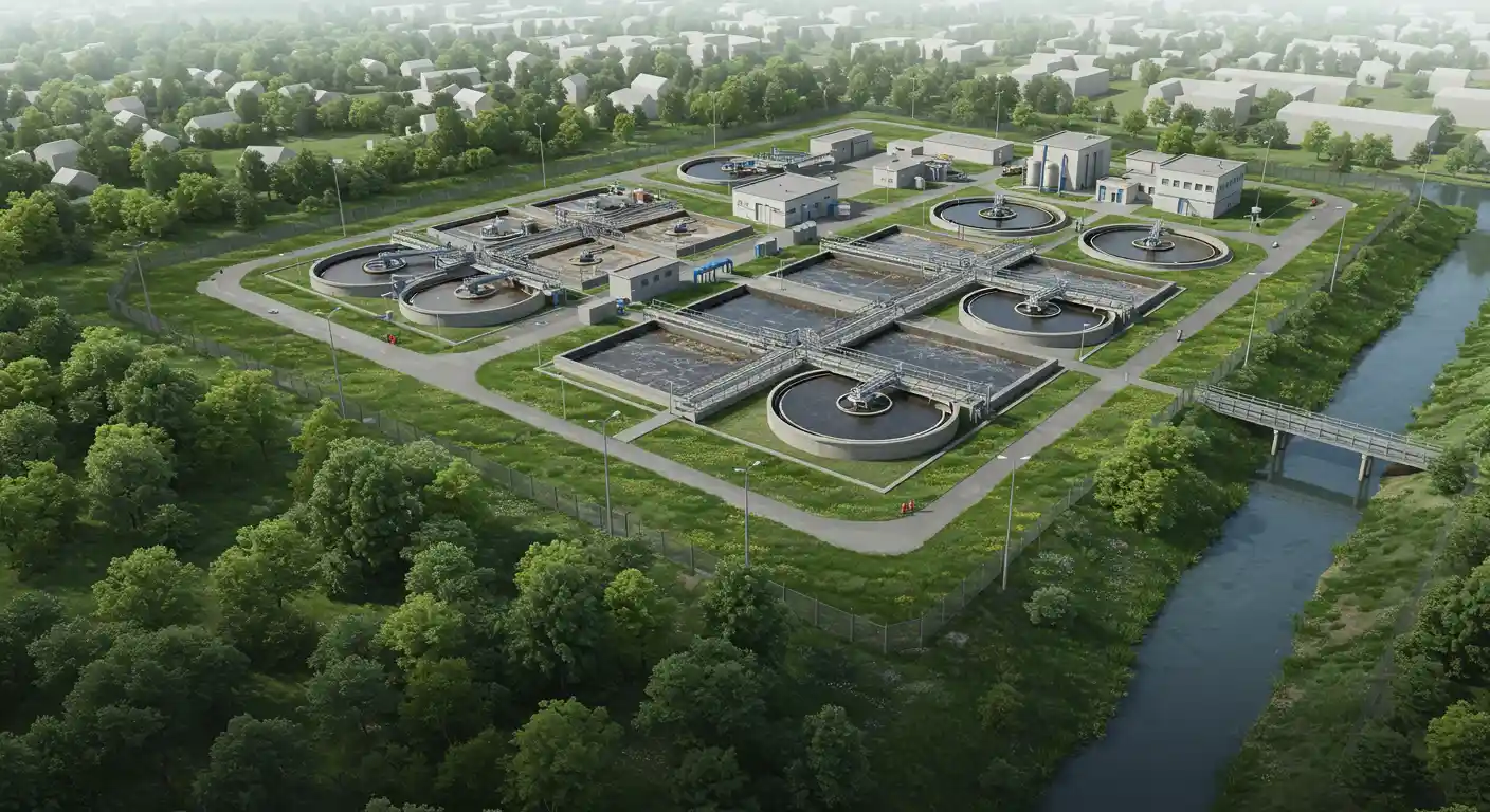 Imagem aérea de uma estação de tratamento de água rodeada por áreas verdes e uma ponte sobre um rio, demonstrando uma infraestrutura de saneamento eficiente.