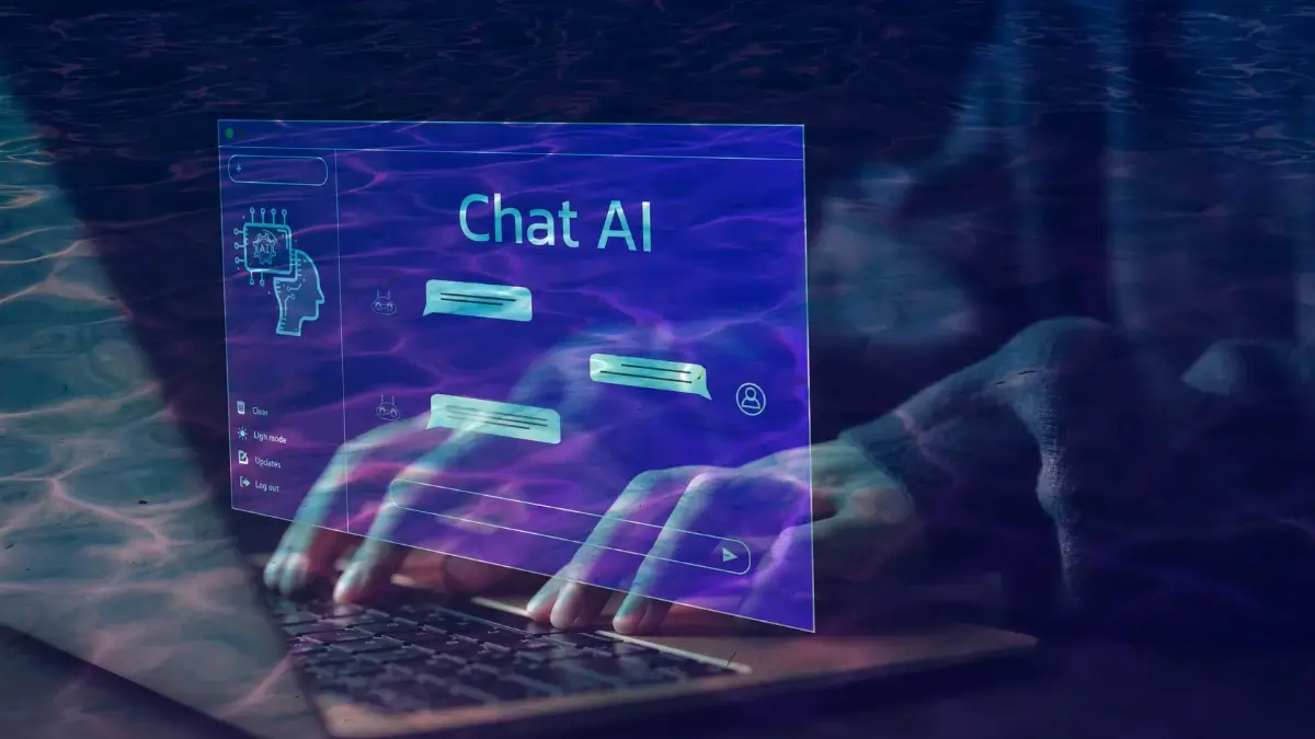 Pessoa interagindo com interface de chat com inteligência artificial, representando o uso de Chat AI para comunicação digital e automação.