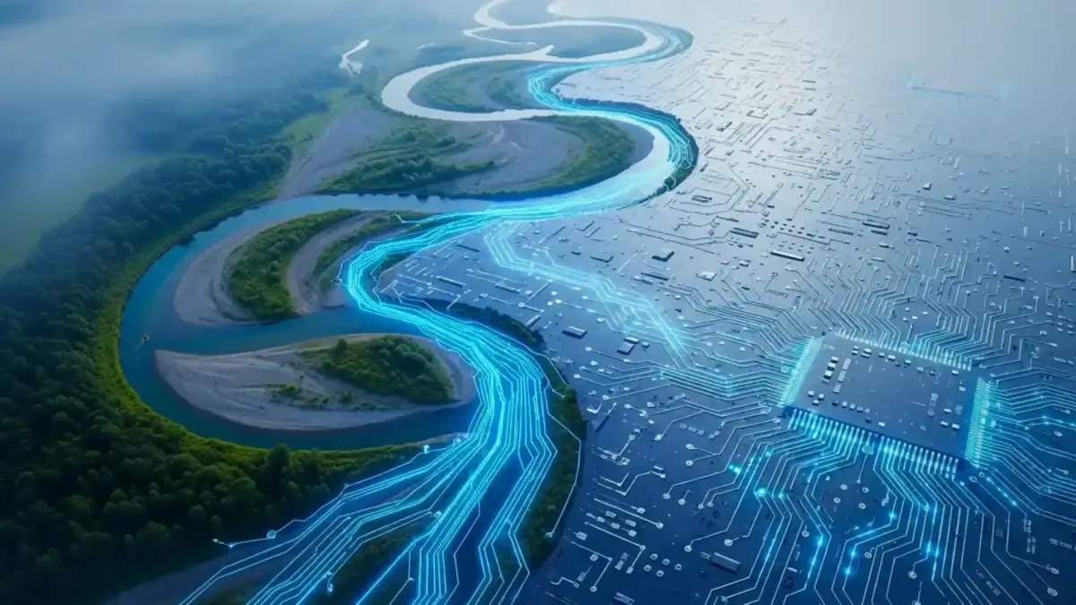 Imagem de um rio que mistura natureza com tecnologia, representando a conexão entre ecologia e avanços tecnológicos, com circuitos eletrônicos e luzes digitais.